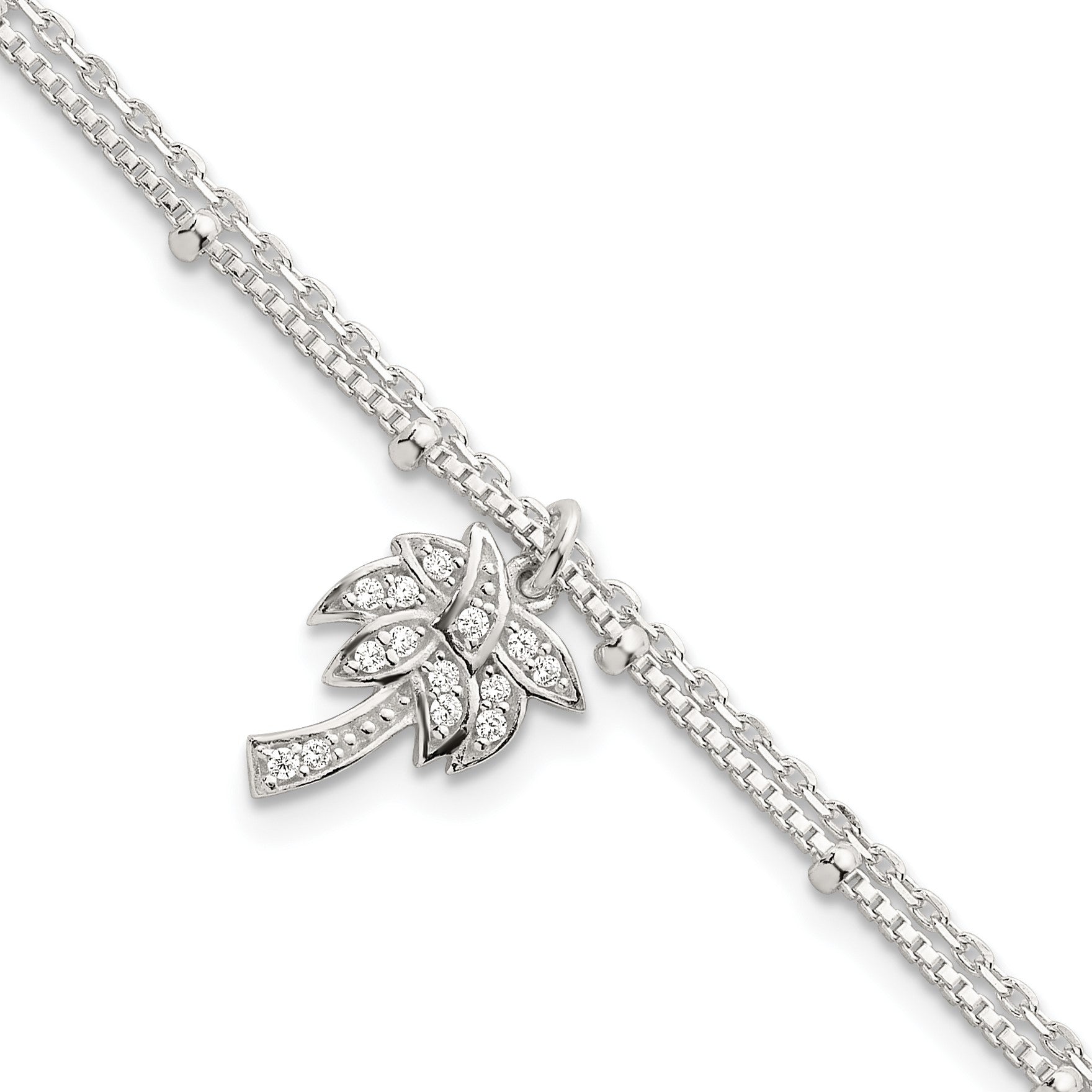 Sterling Silver Polished and Beaded White CZ Palm Tree Dangle Double Strand 7.5 inch Bracelet