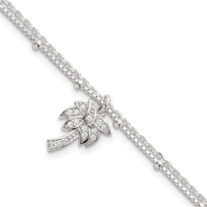Sterling Silver Polished and Beaded White CZ Palm Tree Dangle Double Strand 7.5 inch Bracelet
