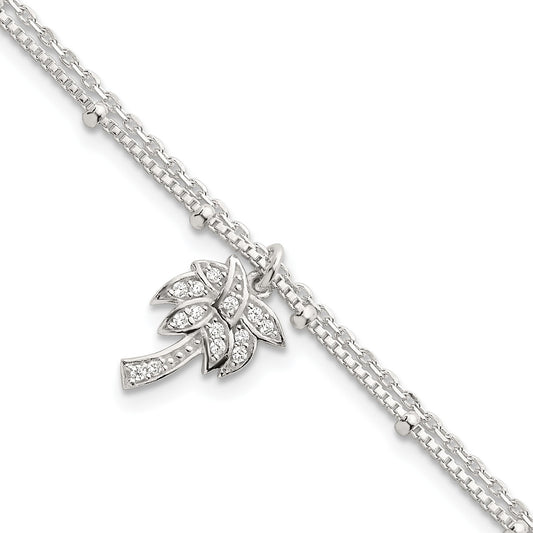 Sterling Silver Polished and Beaded White CZ Palm Tree Dangle Double Strand 7.5 inch Bracelet