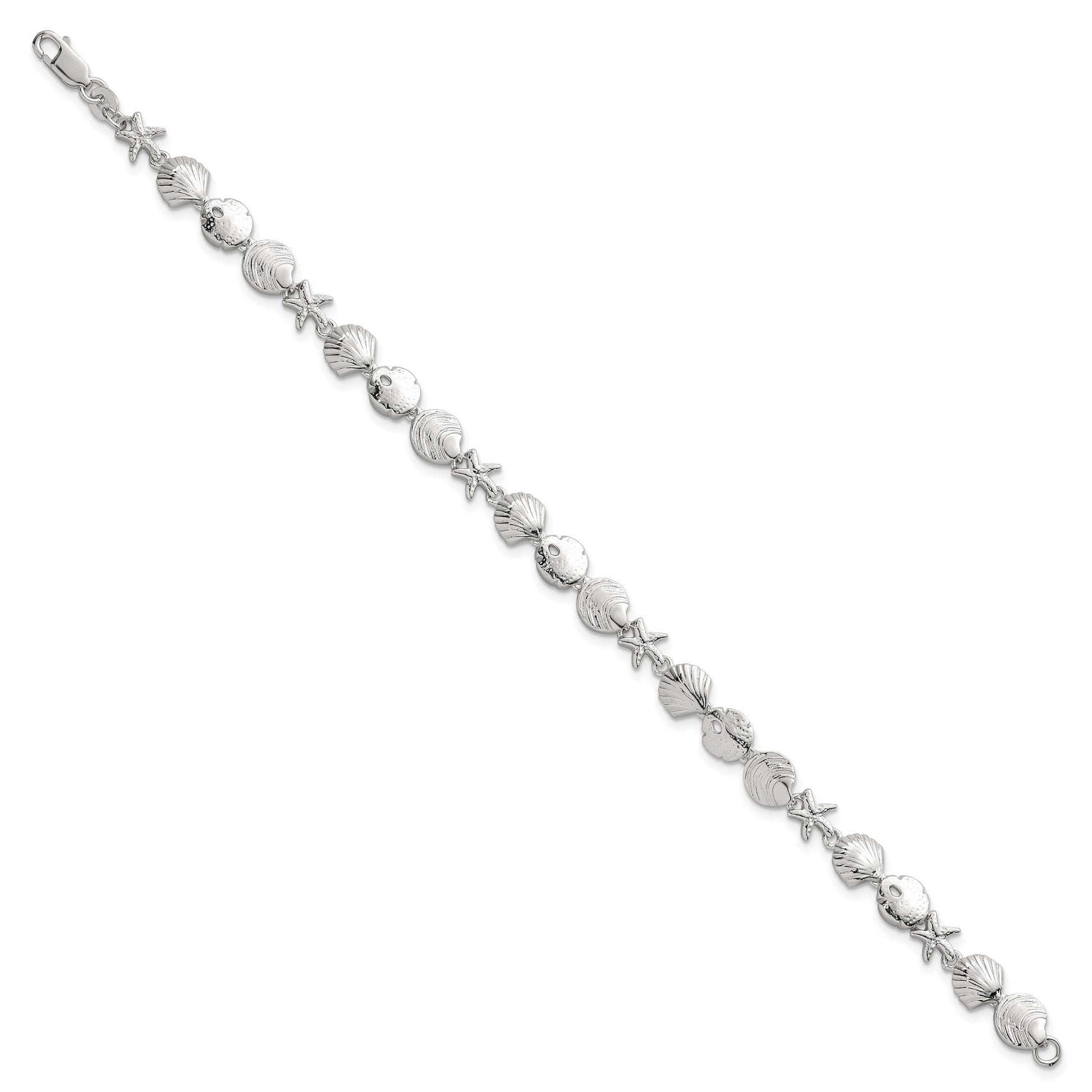 Sterling Silver Polished Textured Starfish, Sand Dollar, and Sea Shell 7.25 inch Bracelet