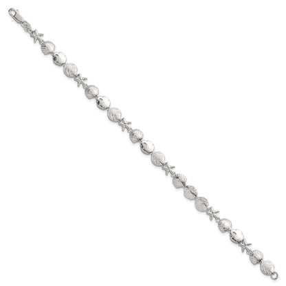 Sterling Silver Polished Textured Starfish, Sand Dollar, and Sea Shell 7.25 inch Bracelet