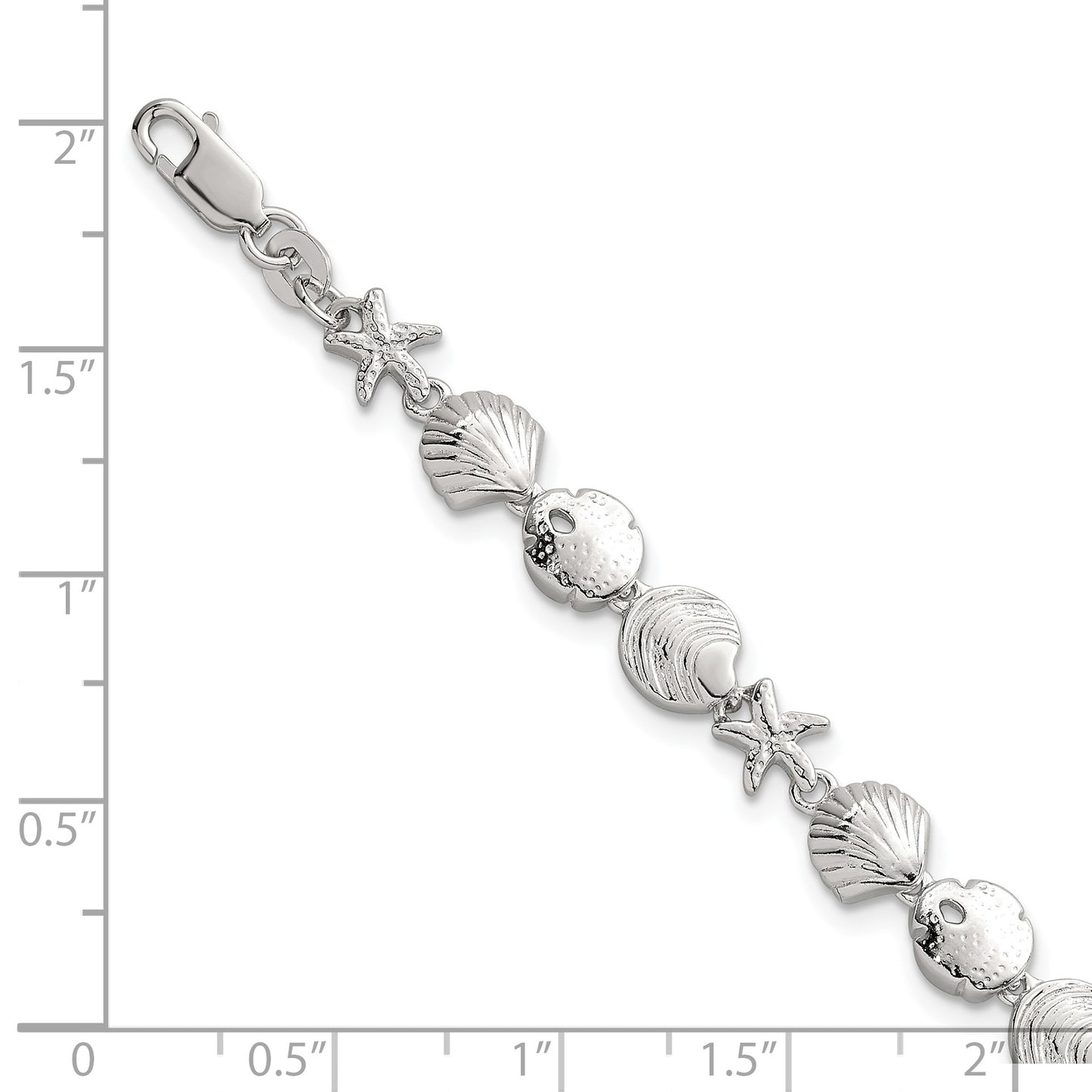 Sterling Silver Polished Textured Starfish, Sand Dollar, and Sea Shell 7.25 inch Bracelet