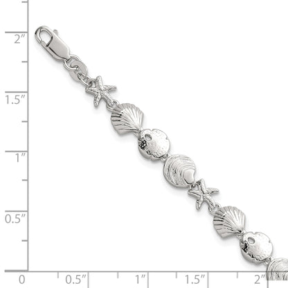Sterling Silver Polished Textured Starfish, Sand Dollar, and Sea Shell 7.25 inch Bracelet