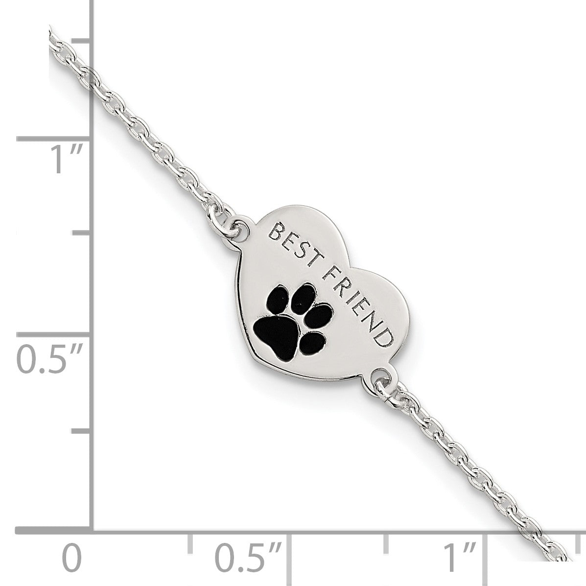Sterling Silver Polished Black Enamel Pawprint Heart BEST FRIEND 7.5 inch Bracelet