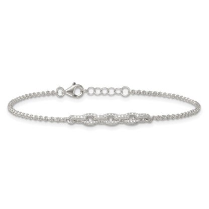 Sterling Silver Polished Pave CZ Cable Link 6.75 Inch with 0.5 Inch Extension Bracelet