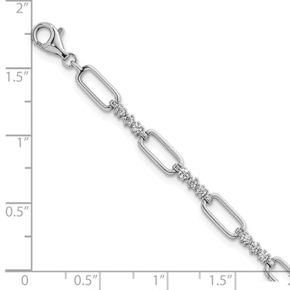 Sterling Silver Rhodium-plated Polished CZ and Paperclip Link 7 Inch with 1 Inch Extension Bracelet