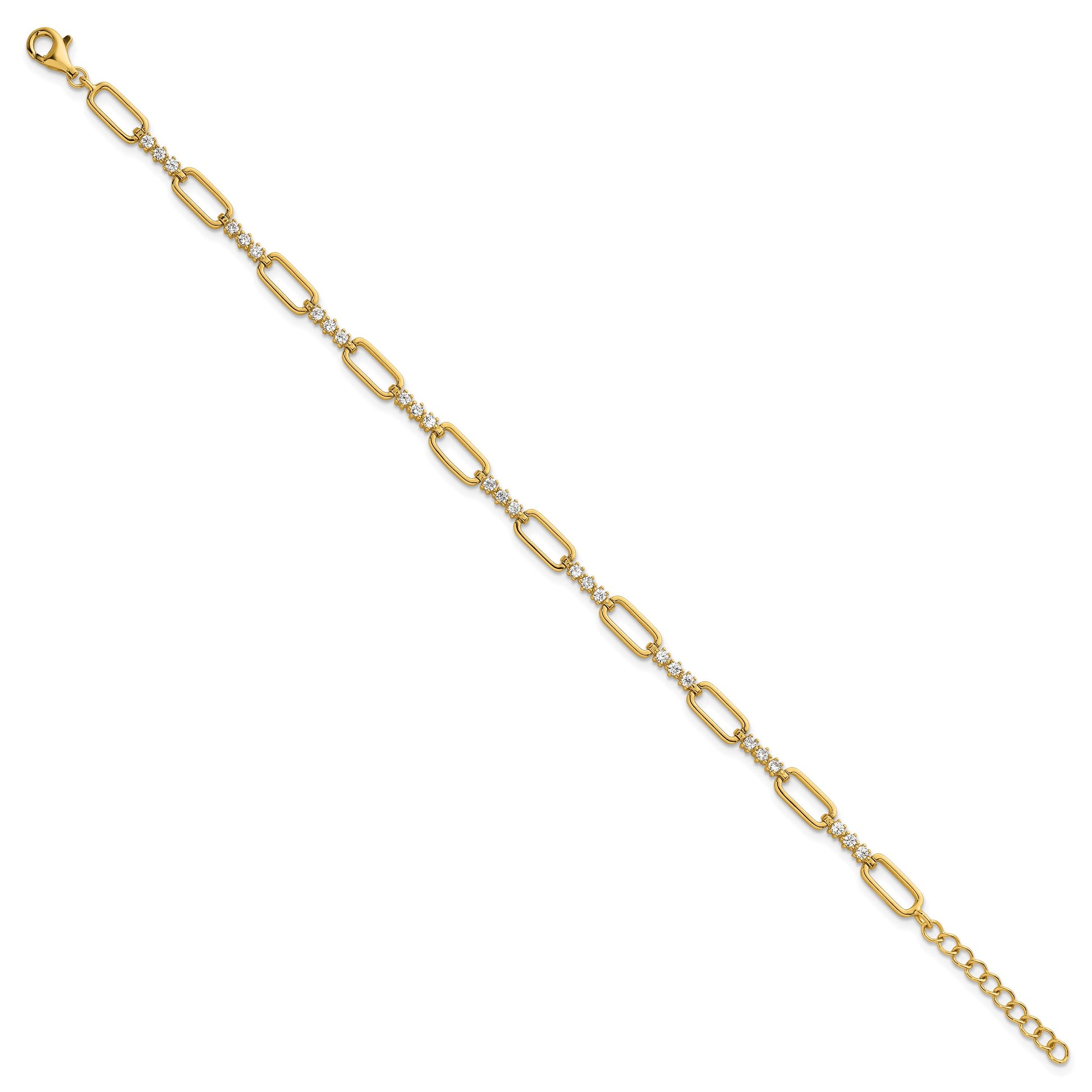 Sterling Silver Gold-tone Polished CZ and Paperclip Link 7 Inch with 1 Inch Extension Bracelet