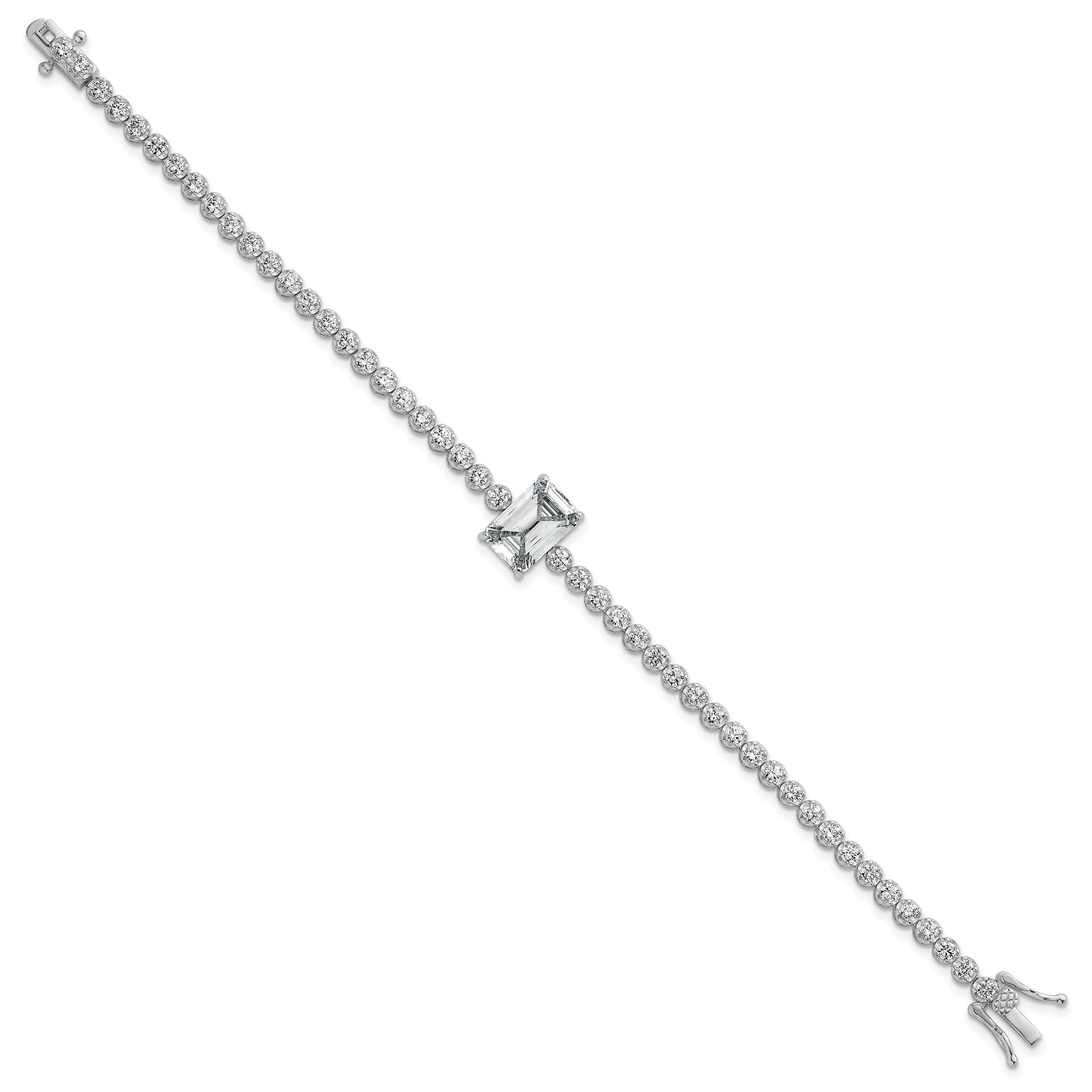 Sterling Silver Rhodium-plated Polished Round and Emerald-cut CZ 7.25 Inch Bracelet