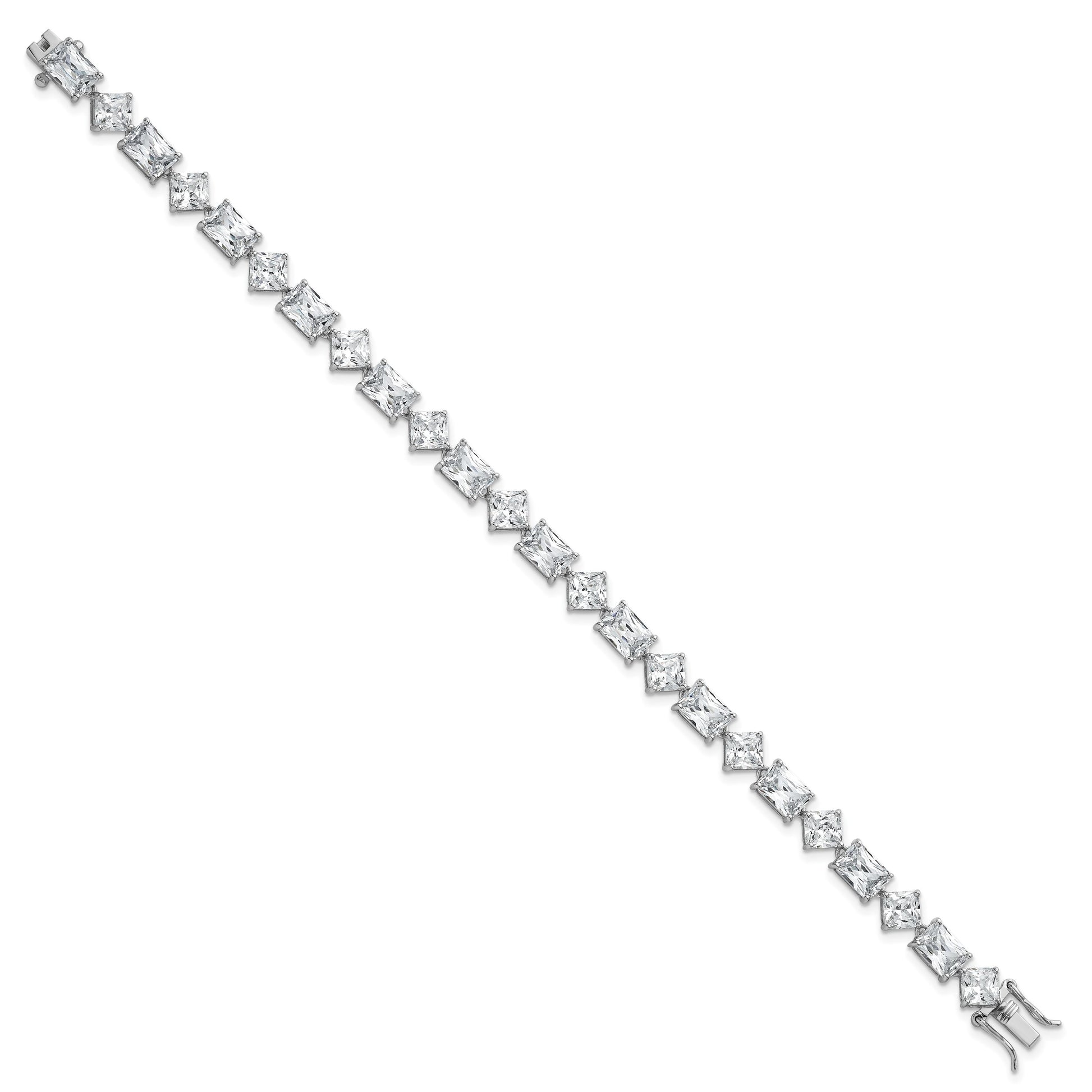 Sterling Silver Rhodium-plated Polished Fancy Princess and Emerald-cut CZ 7.25 Inch Bracelet