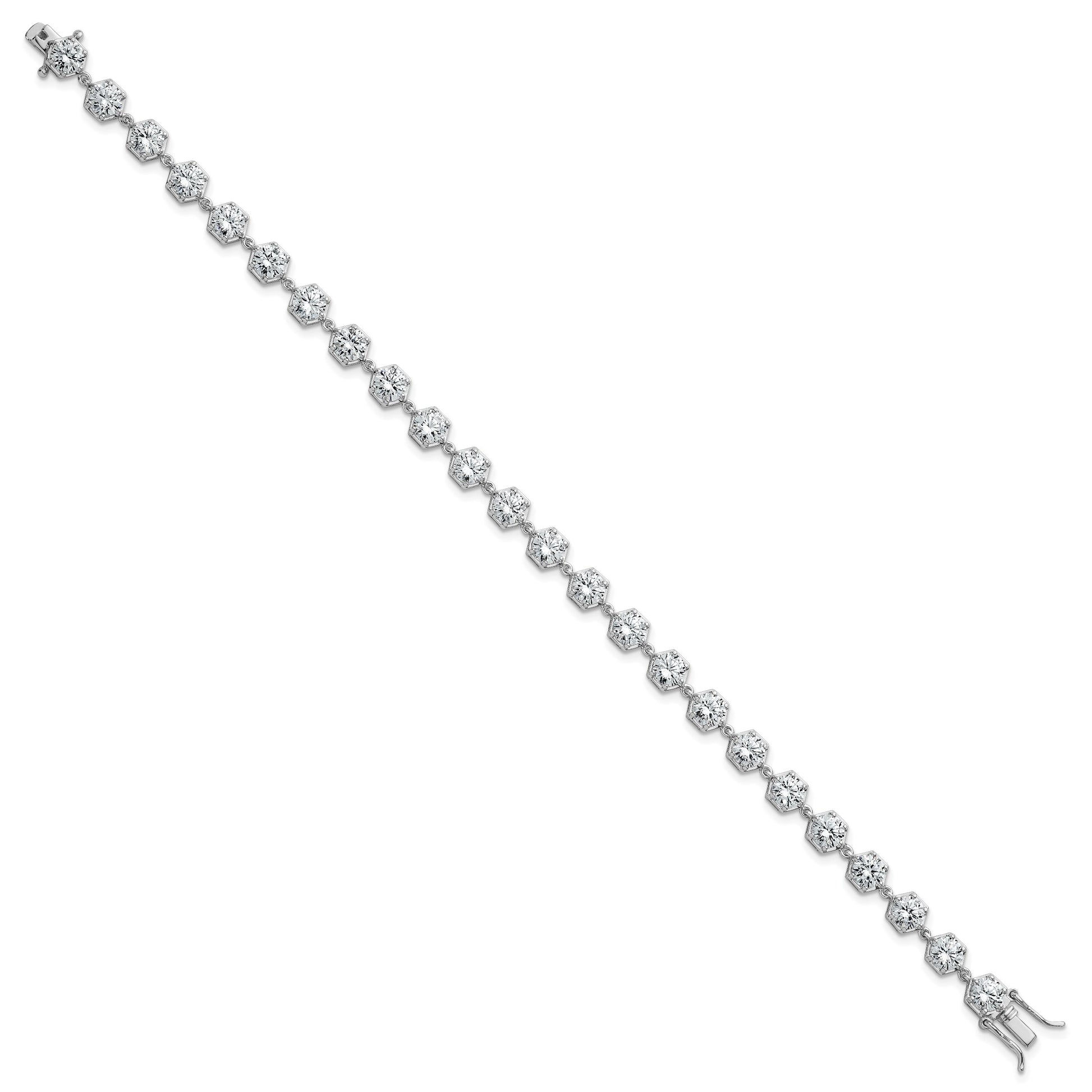 Sterling Silver Rhodium-plated Polished Round CZ in Hexagon Setting 8 Inch Bracelet