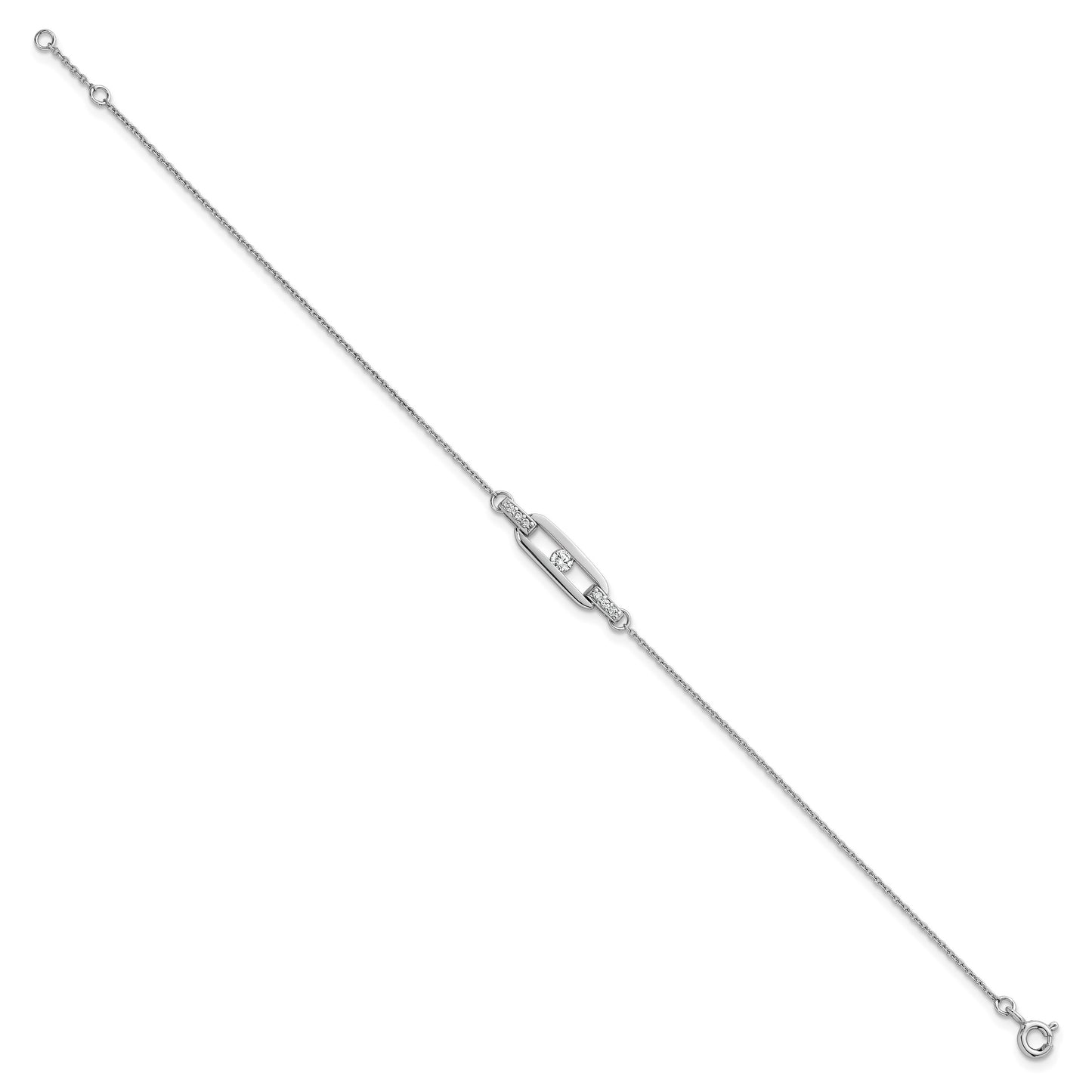 Sterling Silver Rhodium-plated Polished CZ Oval Link 7 inch with 0.5 inch Extender Bracelet