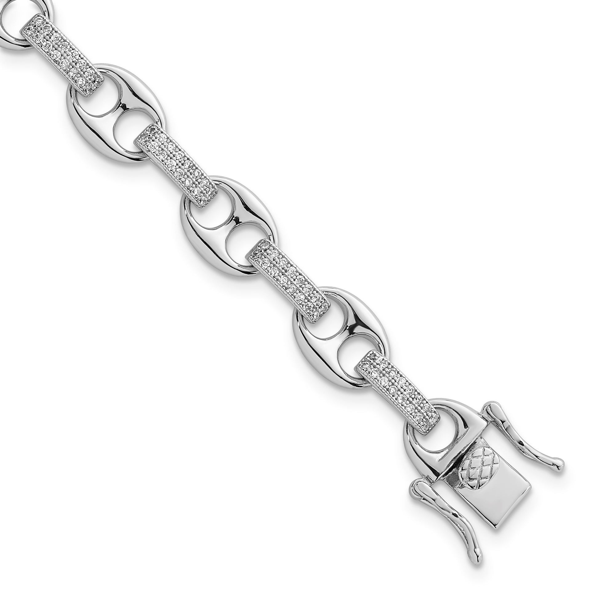 Sterling Silver Rhodium-plated Polished CZ Oval and Mariner Link 7 Inch Bracelet