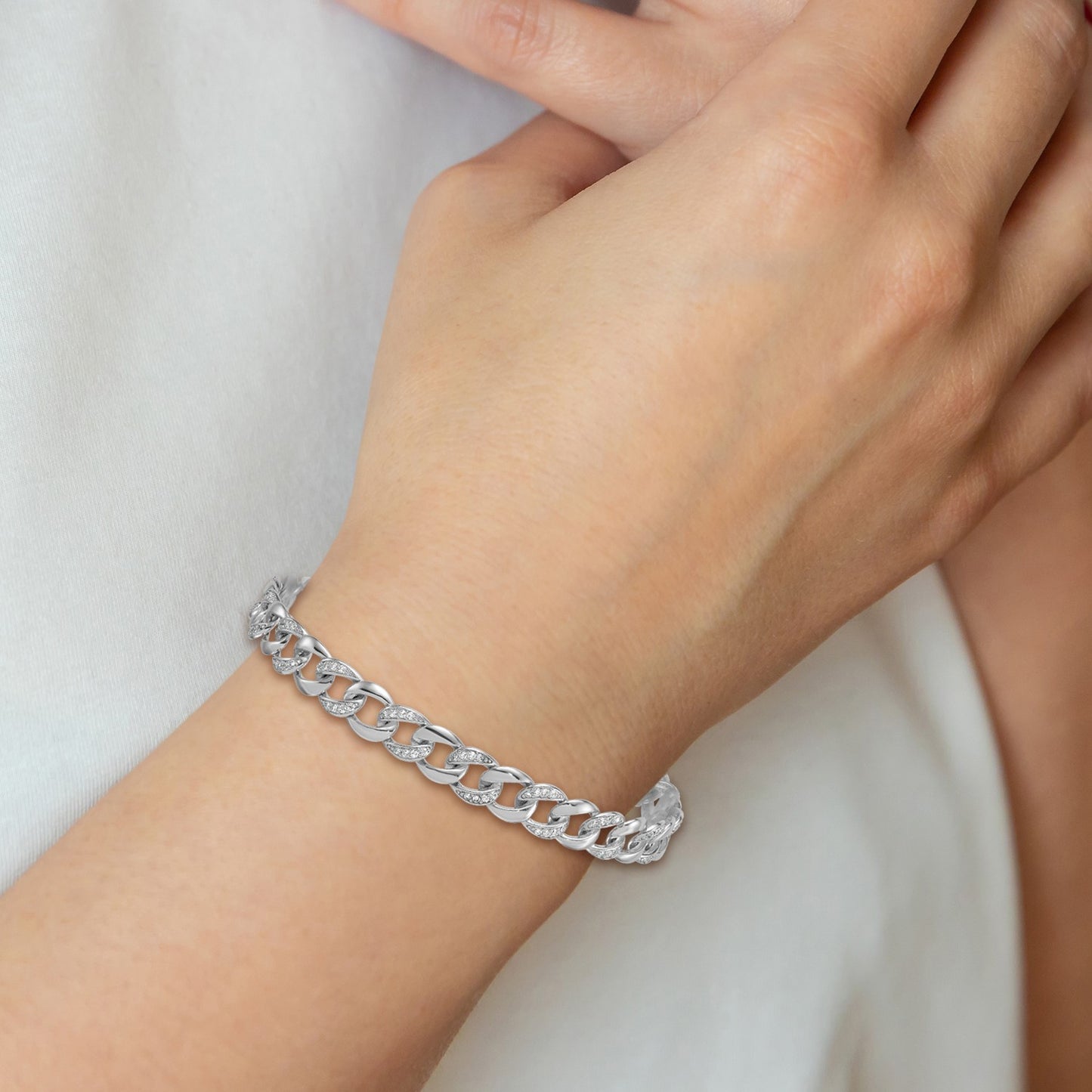 Sterling Silver Rhodium-plated Polished CZ 8.00mm Curb Link 7 Inch with 1.5 Inch Extension Bracelet