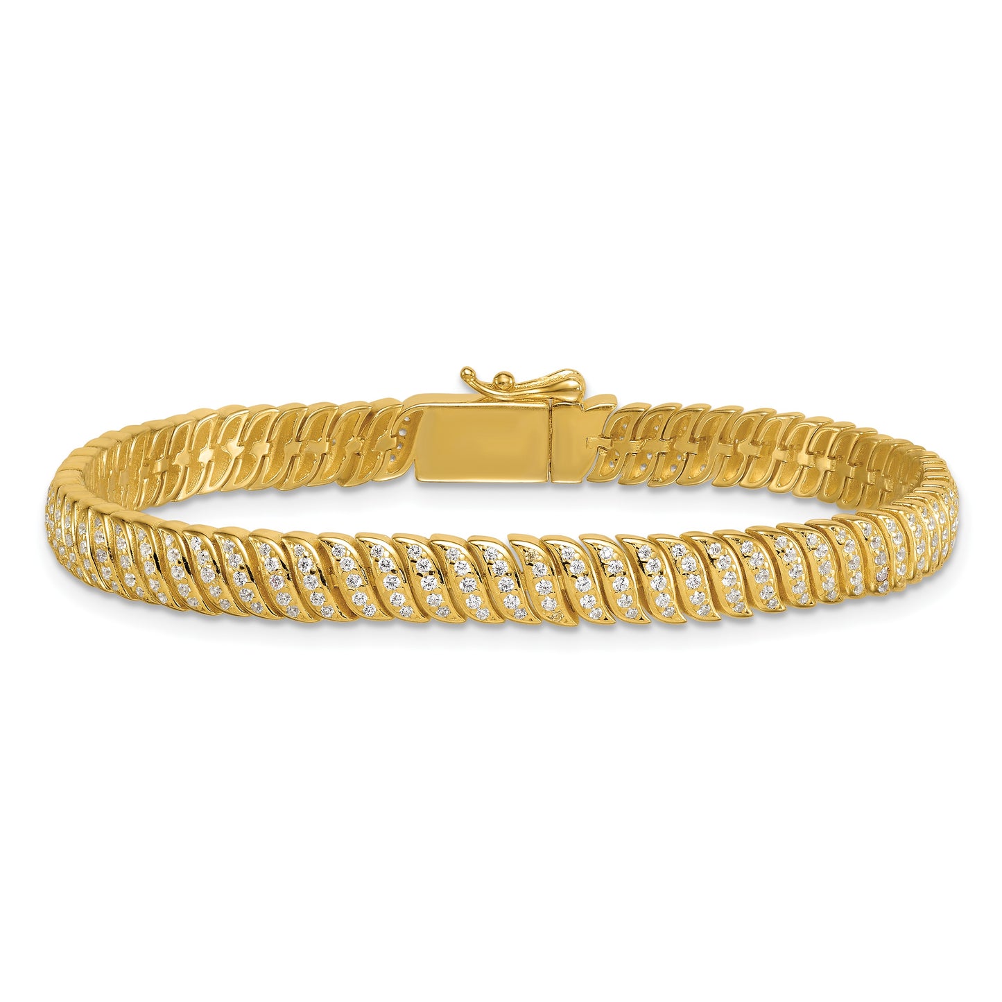 Sterling Silver Gold-Tone Polished Fancy CZ S-Link 7 Inch Bracelet