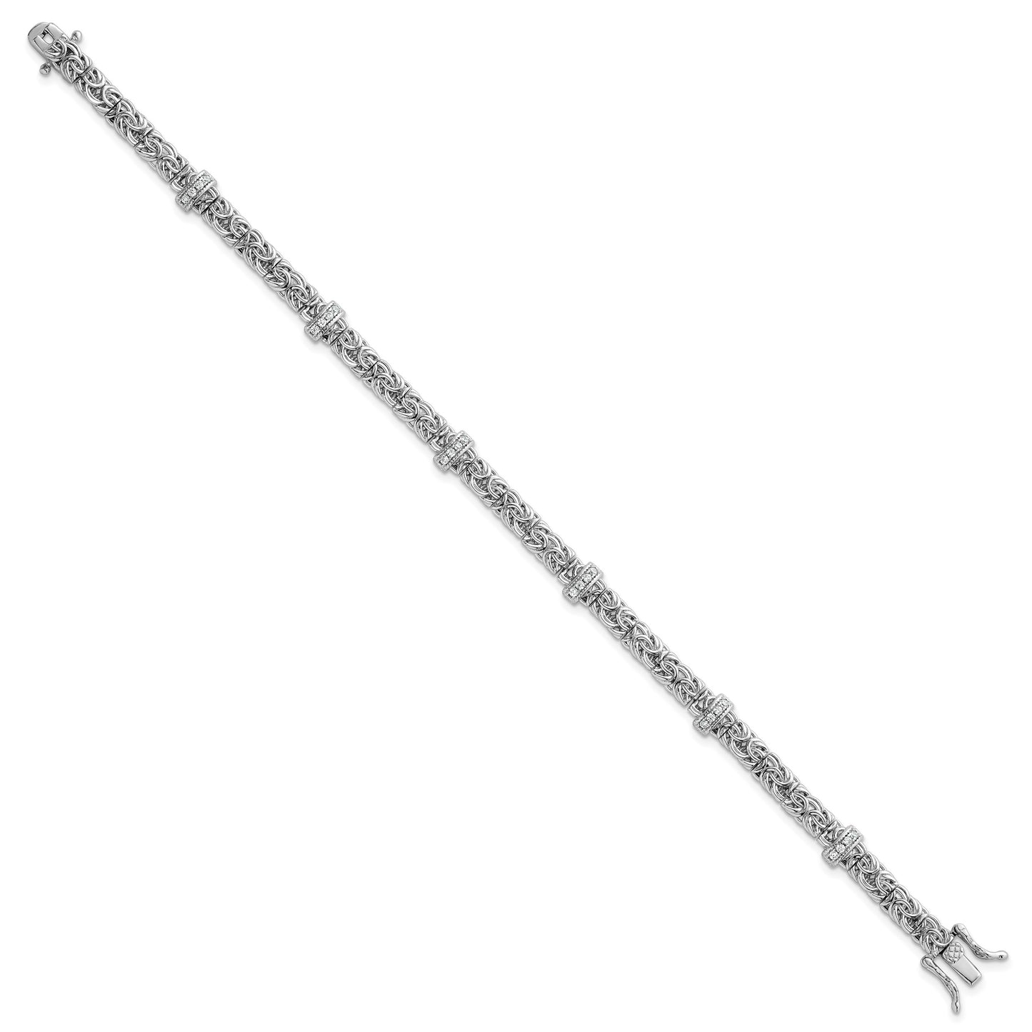 Sterling Silver Rhodium-plated Polished CZ and Byzantine Link 7.75 Inch Bracelet