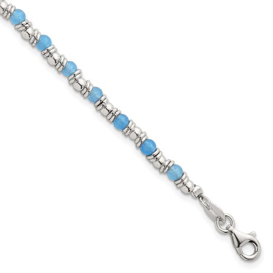 Sterling Silver Polished Blue Agate Beaded 7.5 inch Bracelet