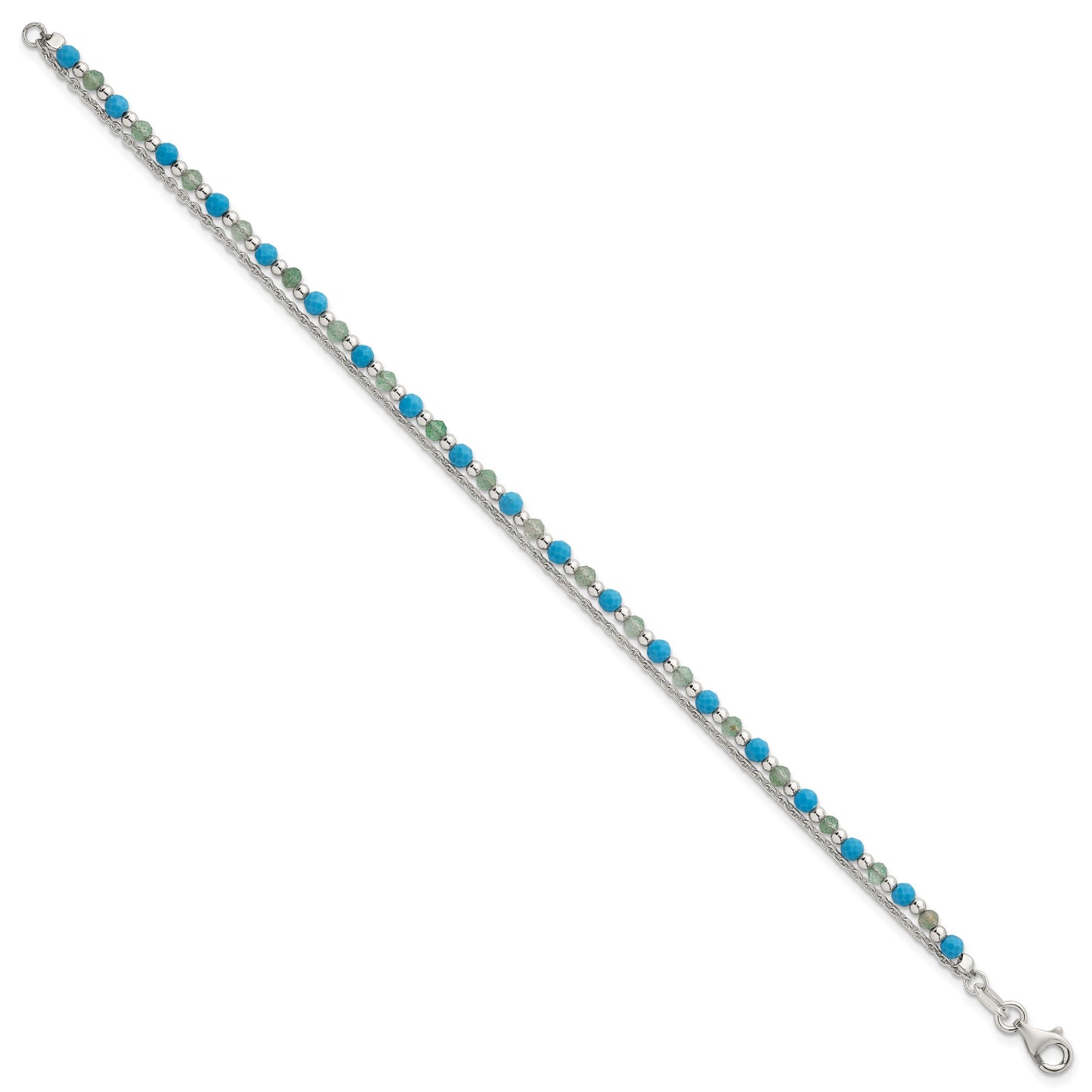 Sterling Silver Polished Green Aventurine and Turquoise Beaded Double Strand 7.5 inch Bracelet