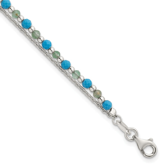 Sterling Silver Polished Green Aventurine and Turquoise Beaded Double Strand 7.5 inch Bracelet