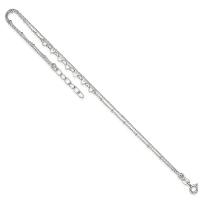Sterling Silver Beaded Hearts Double Strand 9 inch with 1 inch Extender - Total 10 inch Anklet