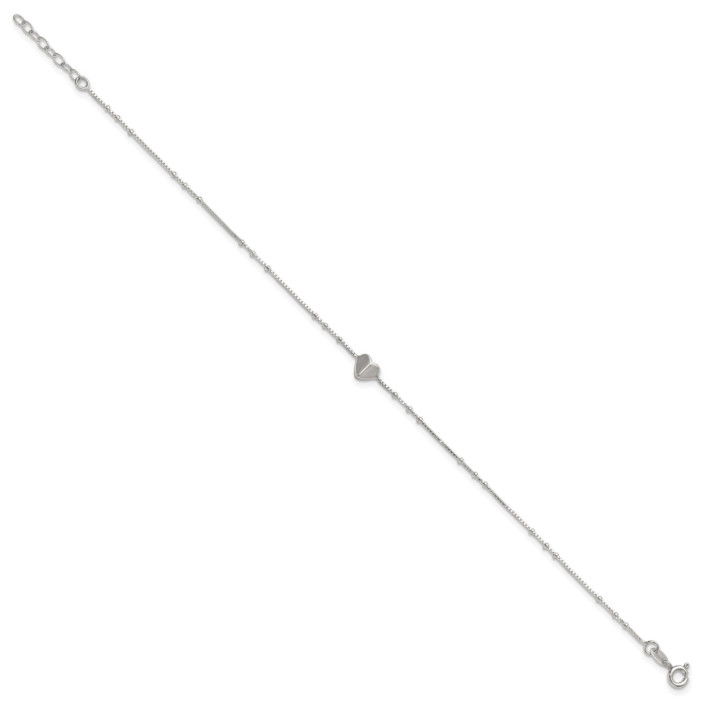 Sterling Silver Heart and Beads 9 inch with 1 inch Extender - Total 10 inch Anklet