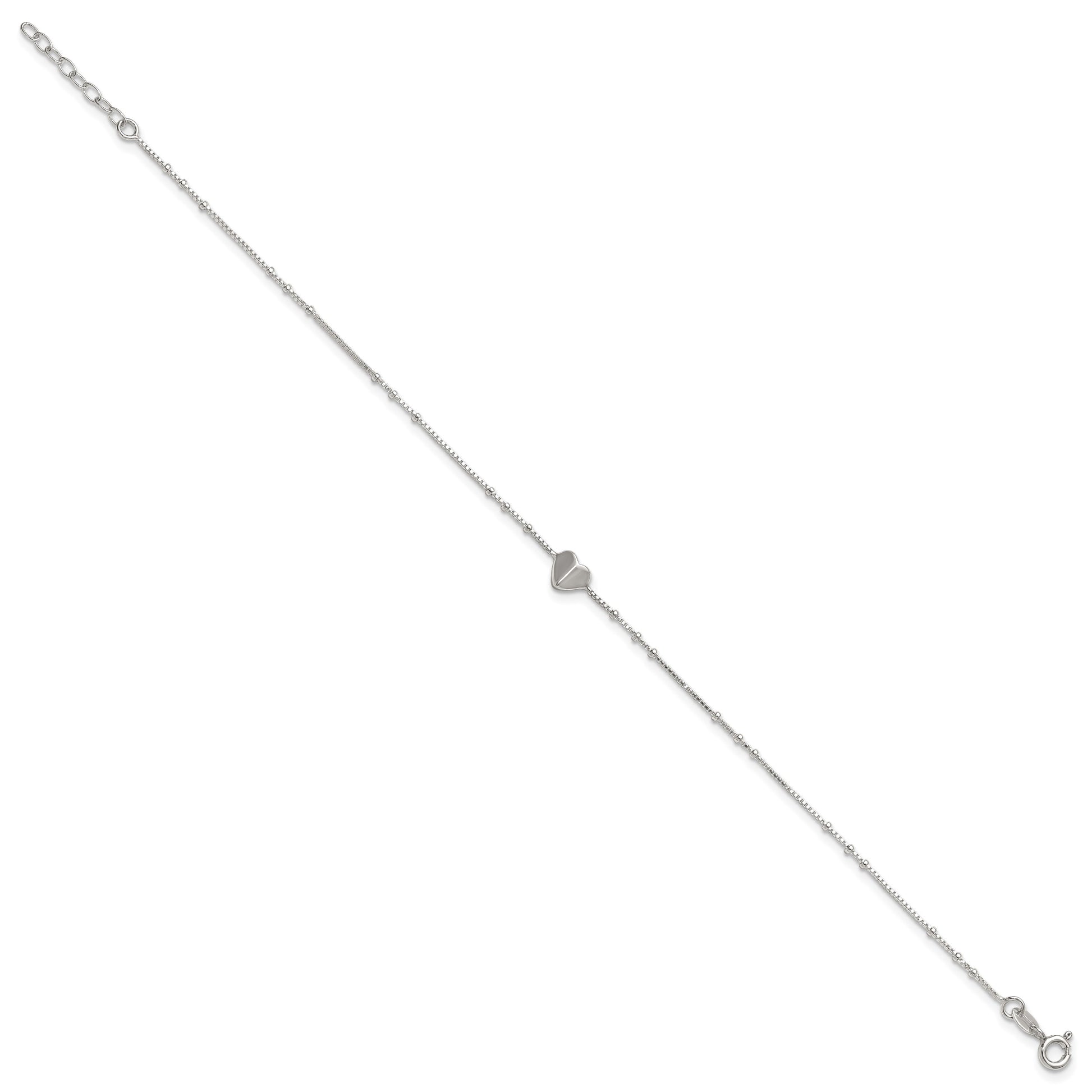 Sterling Silver Heart and Beads 9 inch with 1 inch Extender - Total 10 inch Anklet