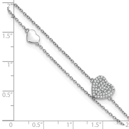 Sterling Silver Rhodium-plated CZ Heart 2-Strand 9 inch Plus 1 inch Extender - Total 10 inch Anklet