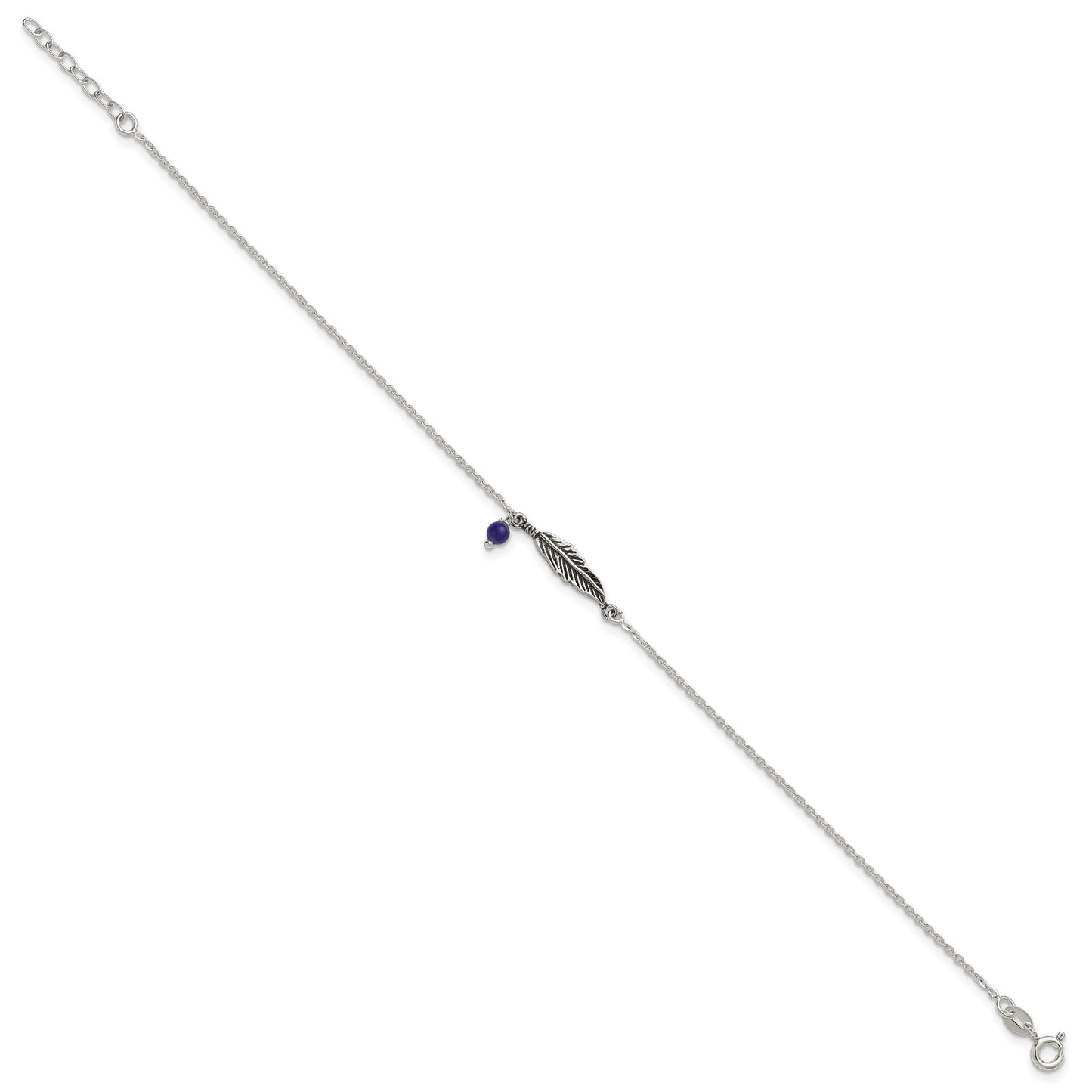 Sterling Silver Antiqued Blue Lapis/Feather 9 inch Plus 1 inch Extender - Total 10 inch Anklet