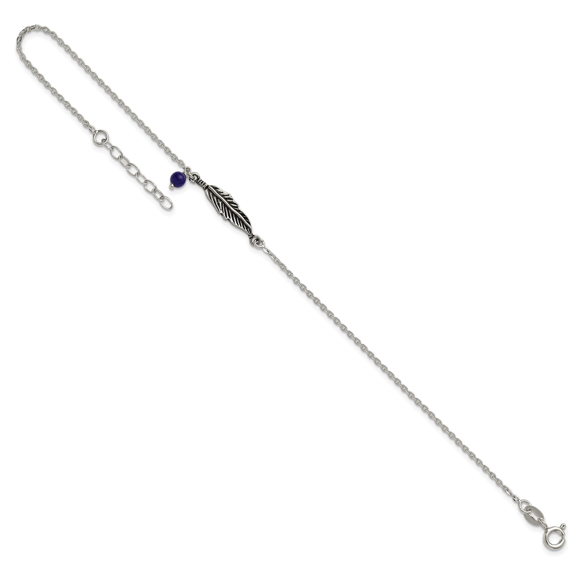 Sterling Silver Antiqued Blue Lapis/Feather 9 inch Plus 1 inch Extender - Total 10 inch Anklet