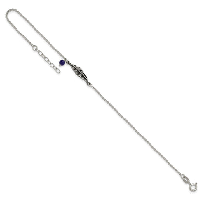 Sterling Silver Antiqued Blue Lapis/Feather 9 inch Plus 1 inch Extender - Total 10 inch Anklet