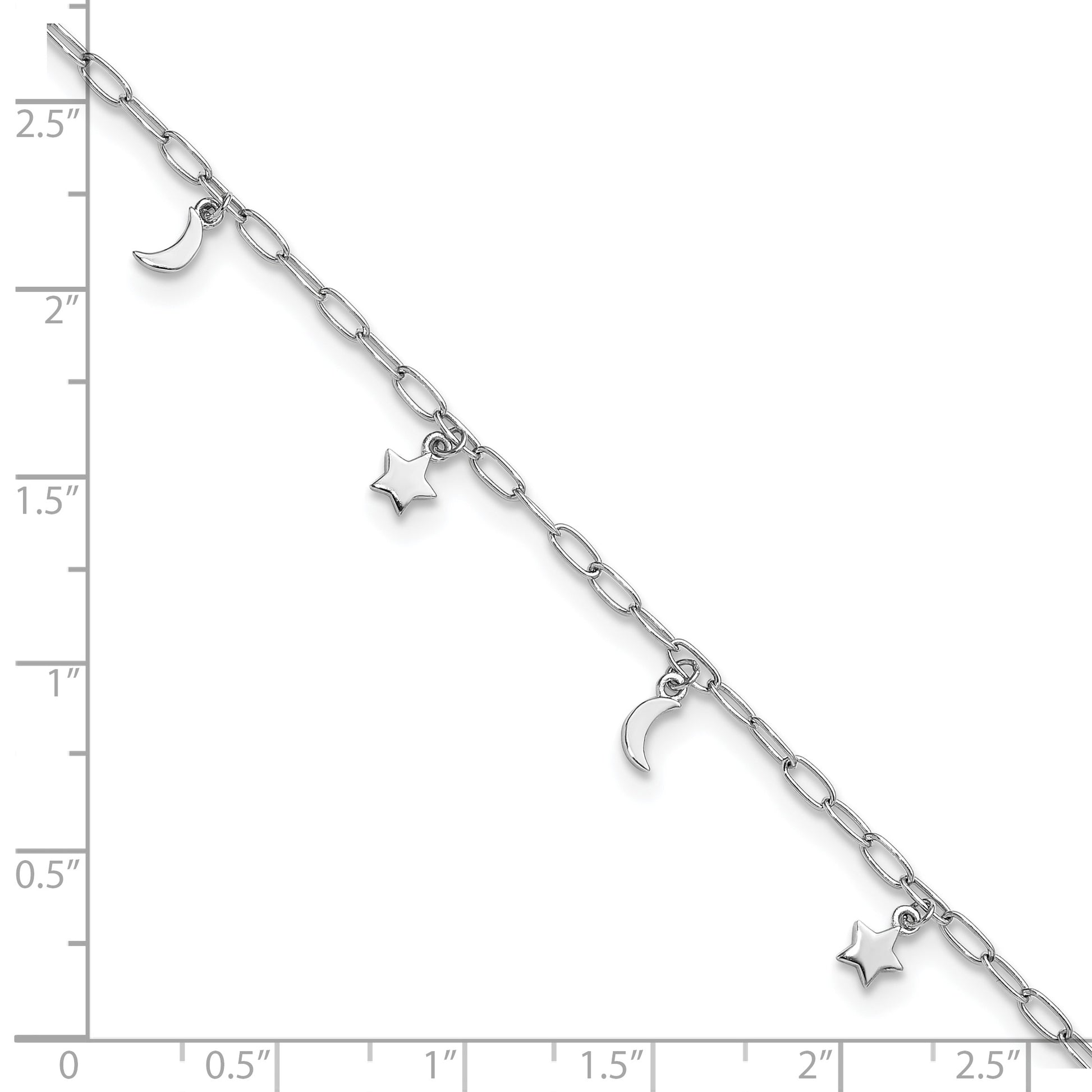 Sterling Silver Rhodium-plated Moon and Star 9 inch Plus 1 inch Extender - Total 10 inch Anklet