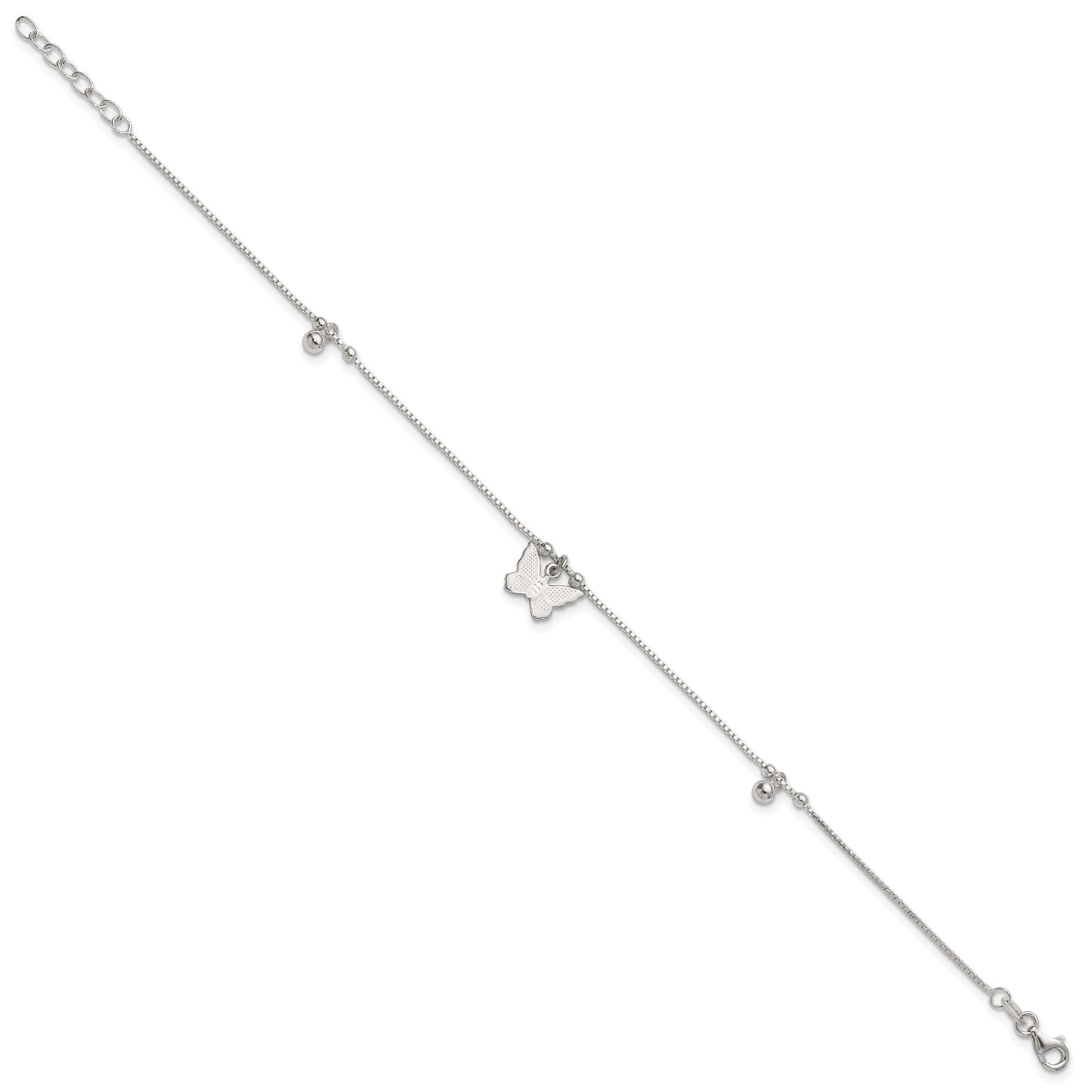 Sterling Silver Beaded Butterfly 9 inch Plus 1 inch Extender - Total 10 inch Anklet