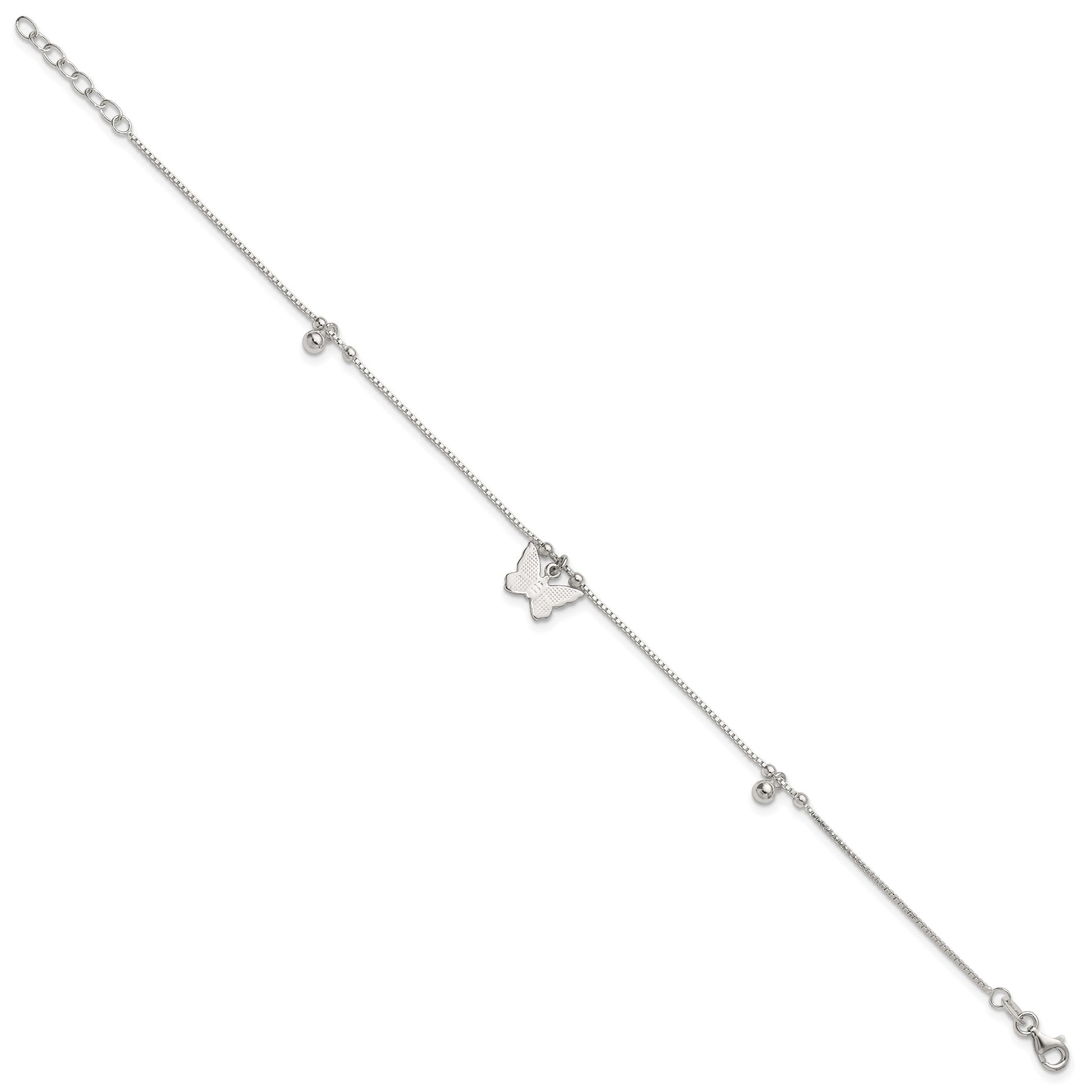 Sterling Silver Beaded Butterfly 9 inch Plus 1 inch Extender - Total 10 inch Anklet