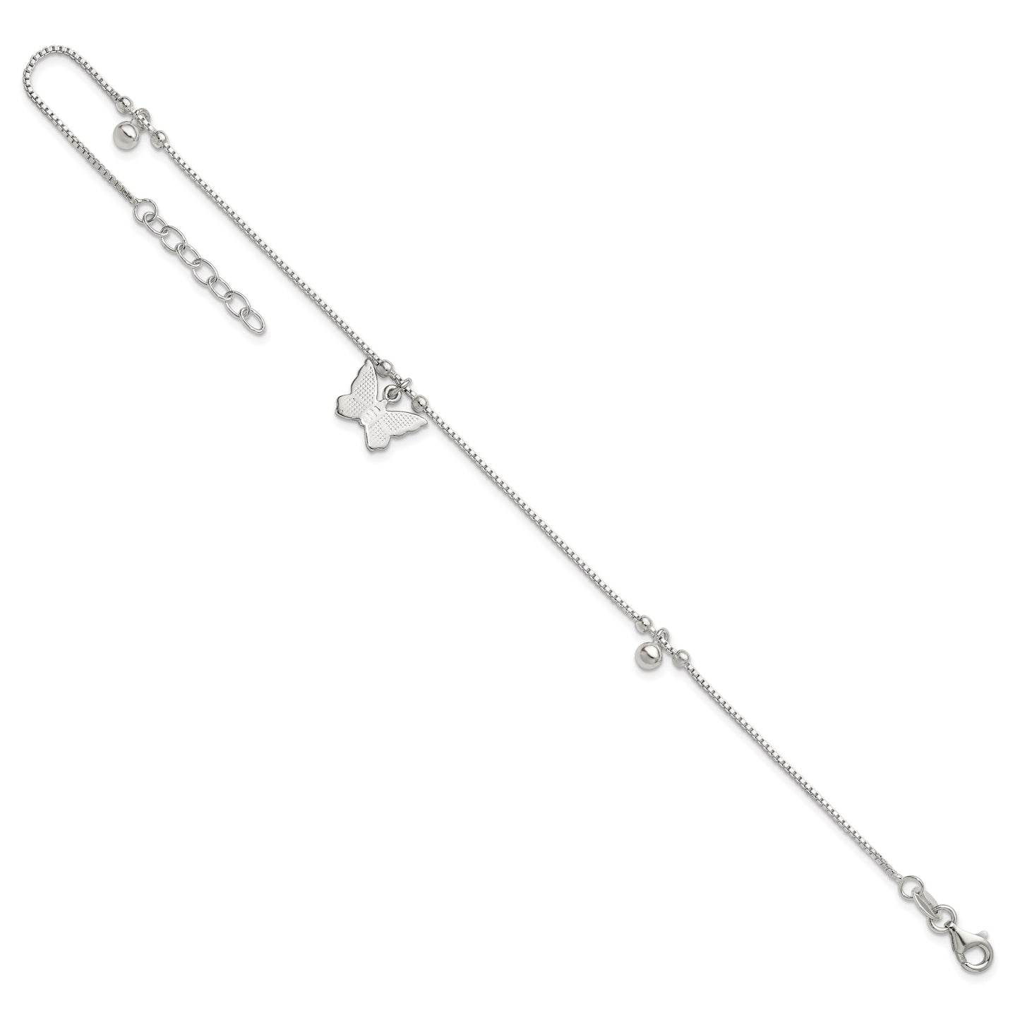 Sterling Silver Beaded Butterfly 9 inch Plus 1 inch Extender - Total 10 inch Anklet