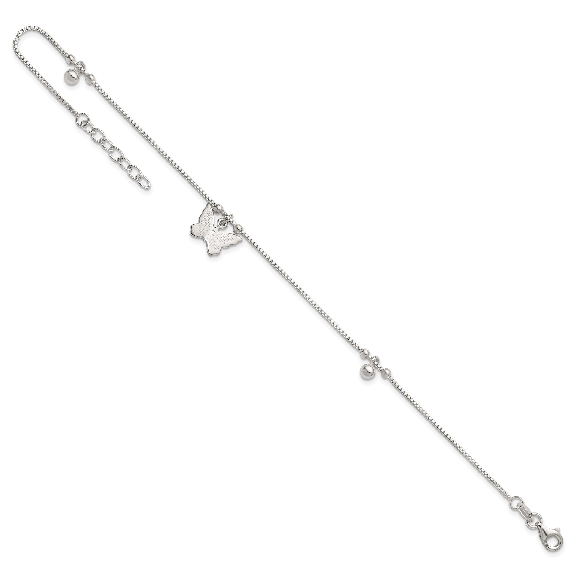 Sterling Silver Beaded Butterfly 9 inch Plus 1 inch Extender - Total 10 inch Anklet