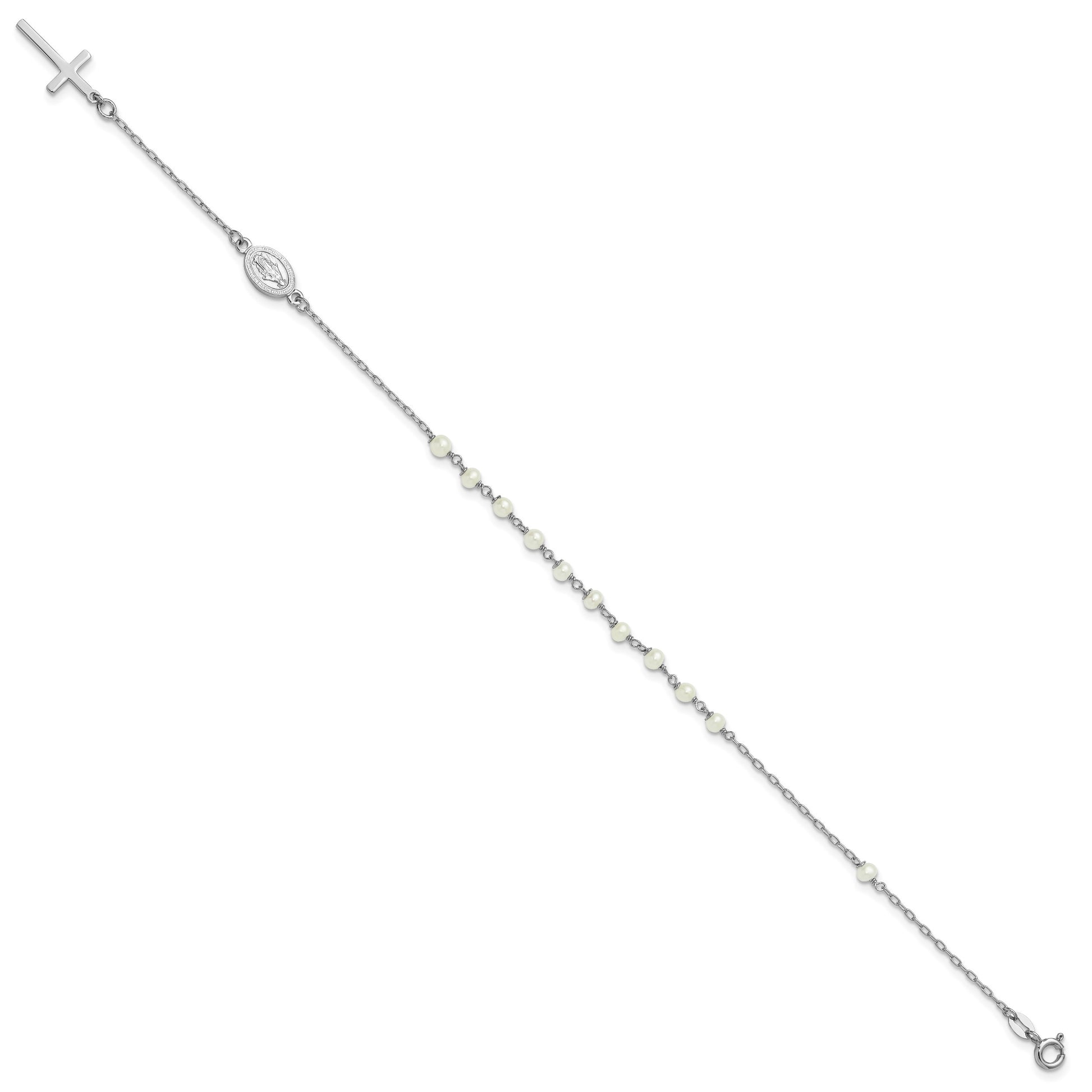 Sterling Silver Rhodium-plated Polished Freshwater Cultured Pearl Cross and Miraculous Medal 10 Inch Anklet