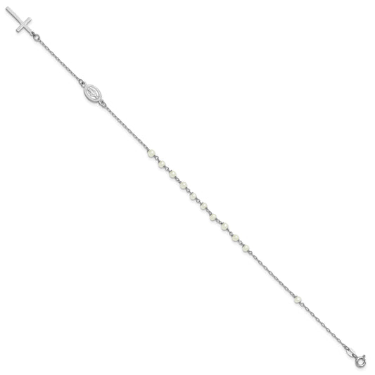 Sterling Silver Rhodium-plated Polished Freshwater Cultured Pearl Cross and Miraculous Medal 10 Inch Anklet