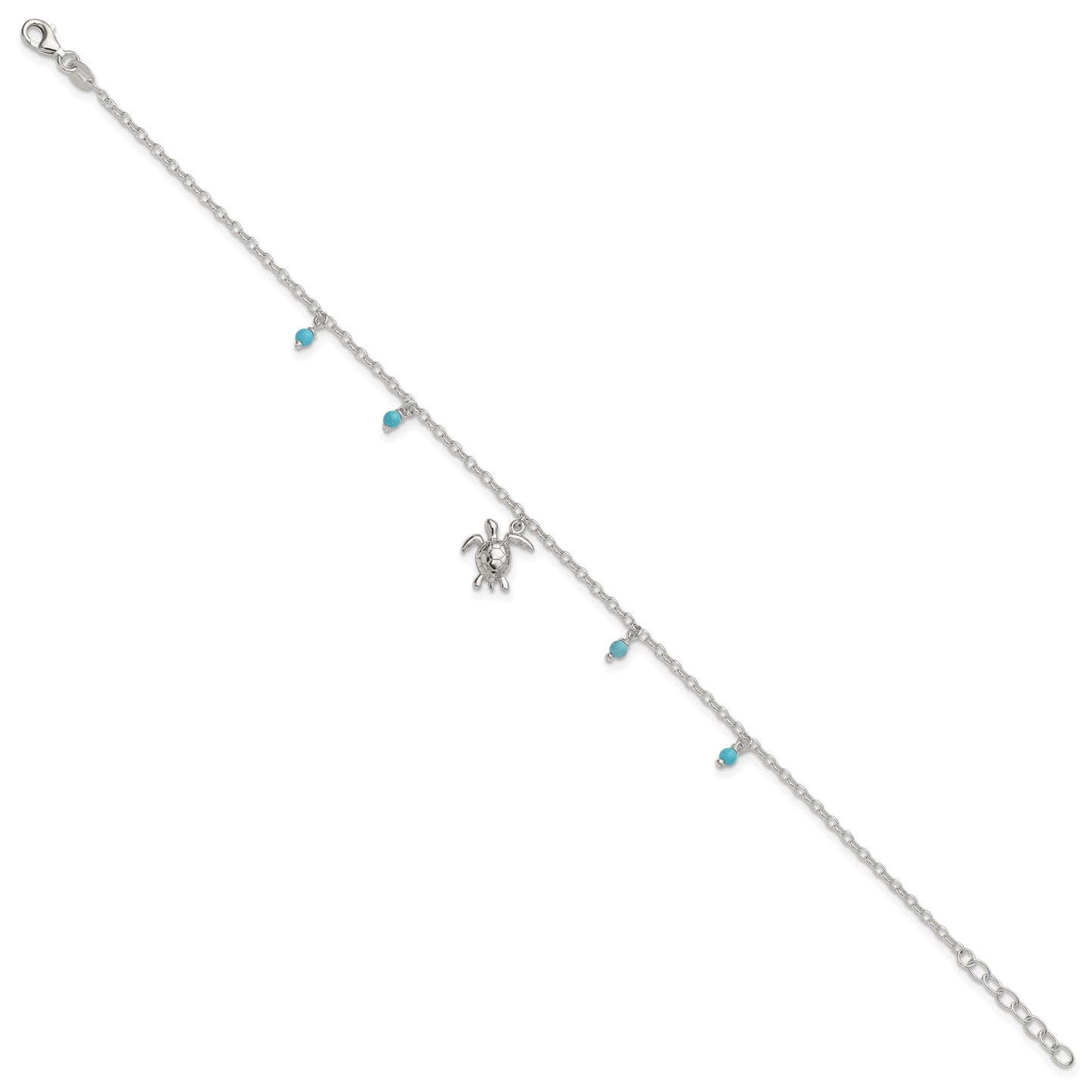 Sterling Silver Turquoise Beads and Turtle 9 inch Plus 1 inch Extender - Total 10 inch Anklet