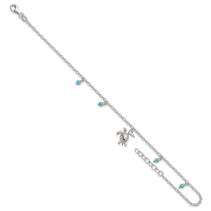Sterling Silver Turquoise Beads and Turtle 9 inch Plus 1 inch Extender - Total 10 inch Anklet