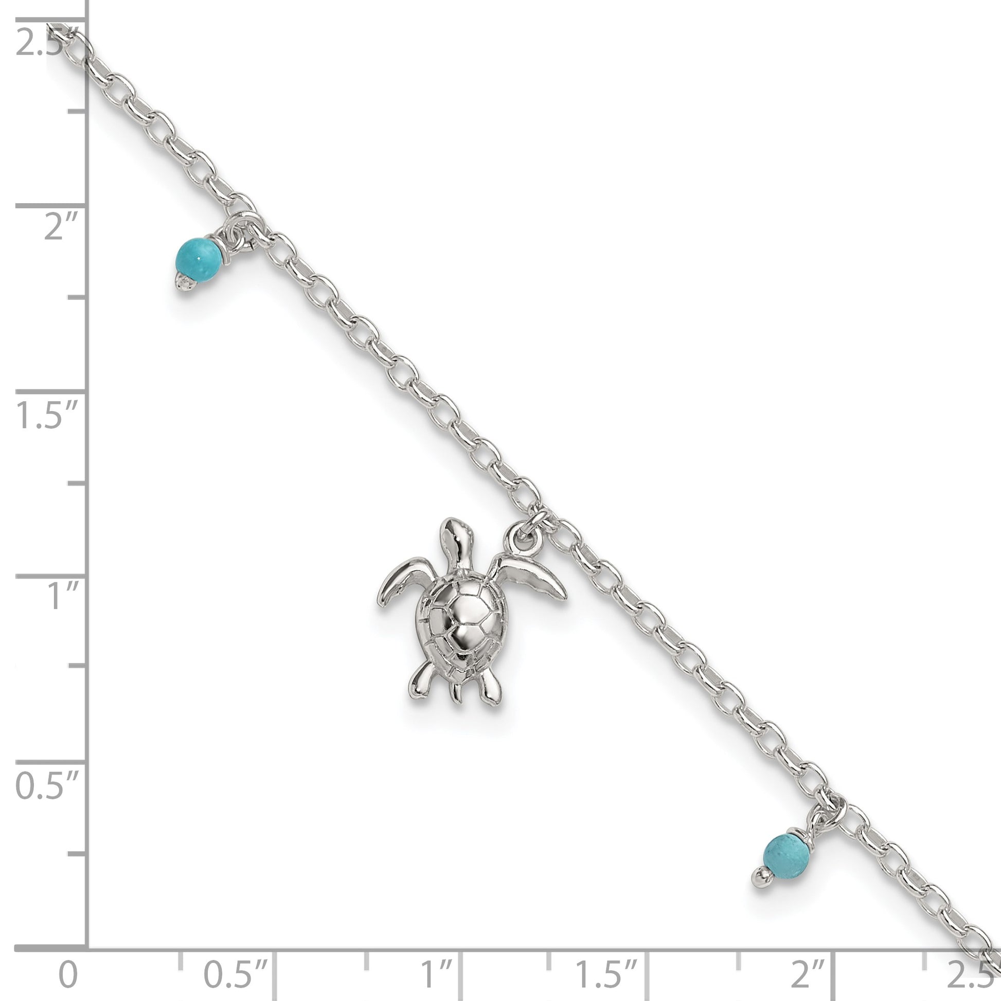 Sterling Silver Turquoise Beads and Turtle 9 inch Plus 1 inch Extender - Total 10 inch Anklet