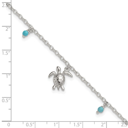 Sterling Silver Turquoise Beads and Turtle 9 inch Plus 1 inch Extender - Total 10 inch Anklet
