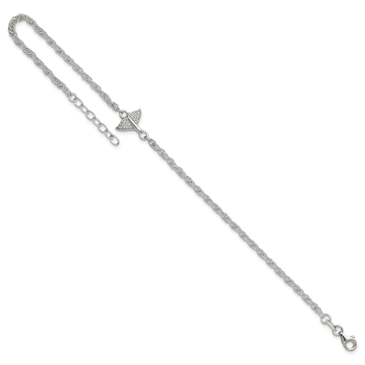 Sterling Silver CZ Whale Tail 9 inch Plus 1 inch Extender - Total 10 inch Anklet