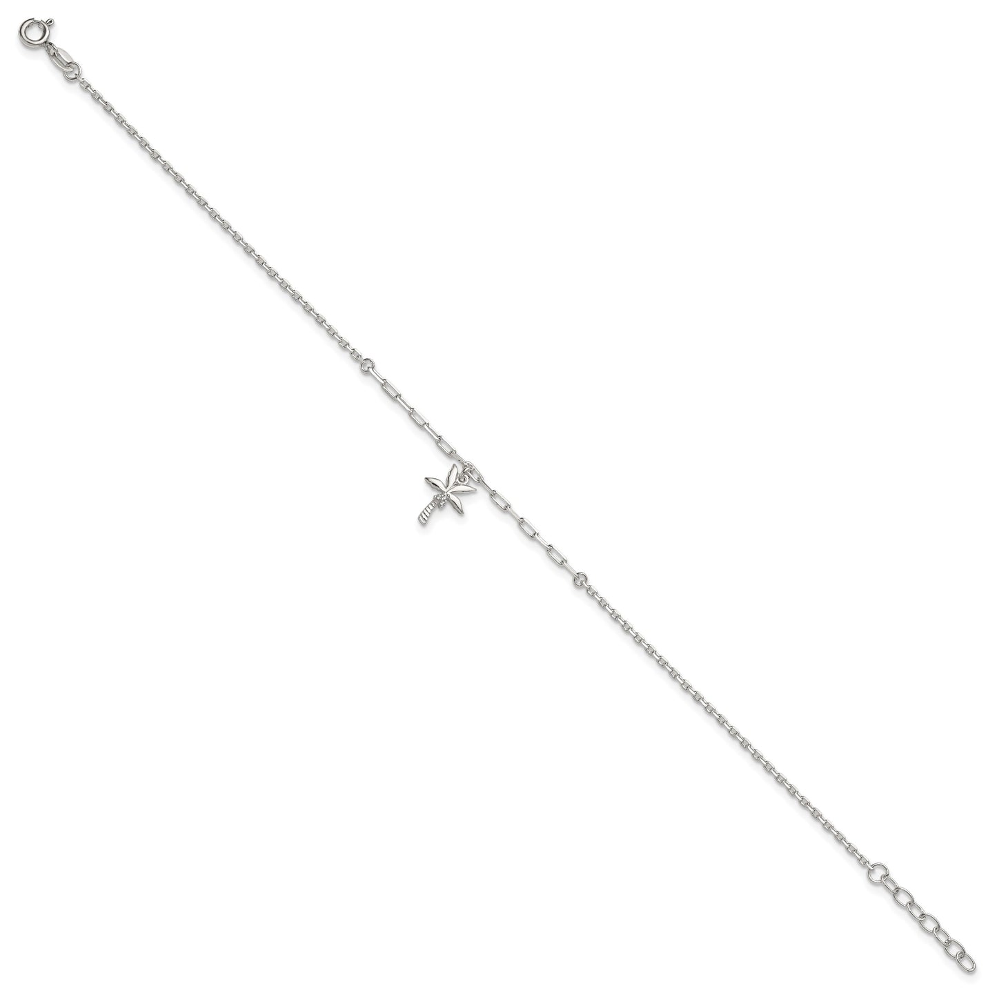 Sterling Silver CZ Palm Tree 9 inch Plus 1 inch Extender - Total 10 inch Anklet