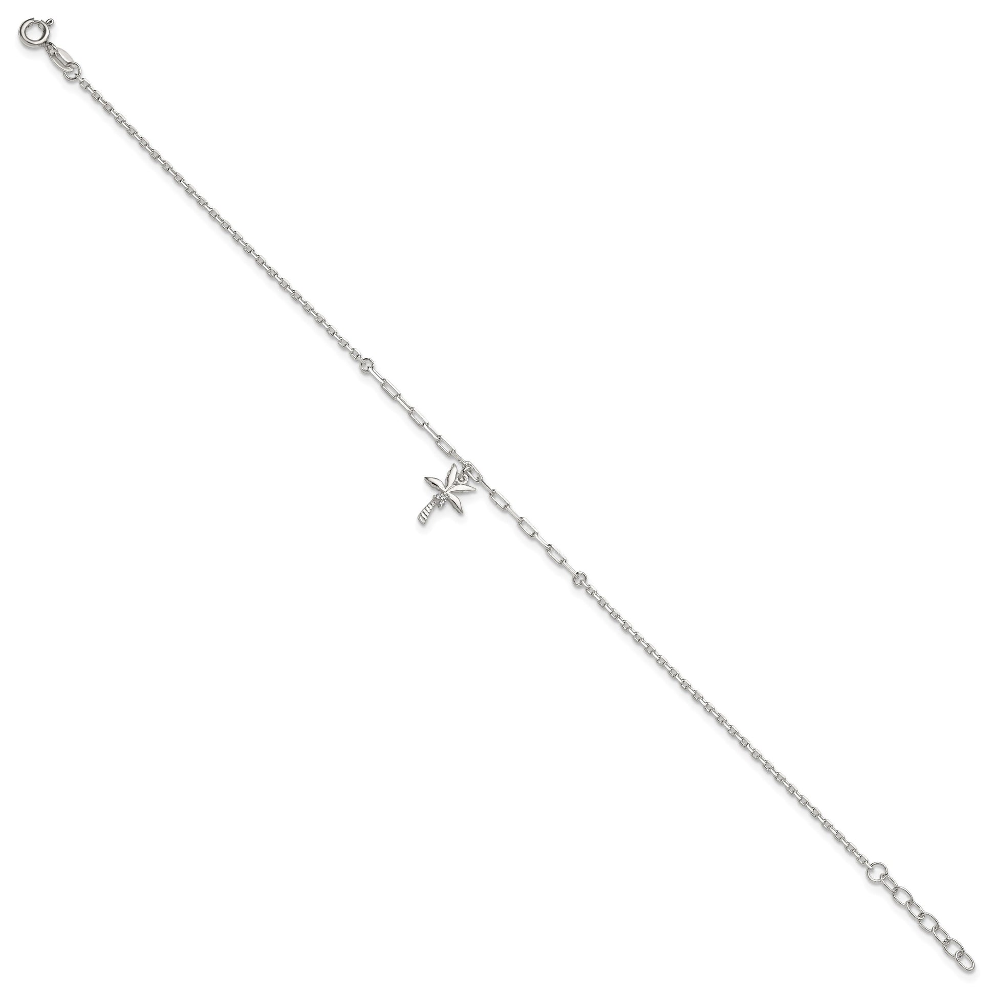 Sterling Silver CZ Palm Tree 9 inch Plus 1 inch Extender - Total 10 inch Anklet
