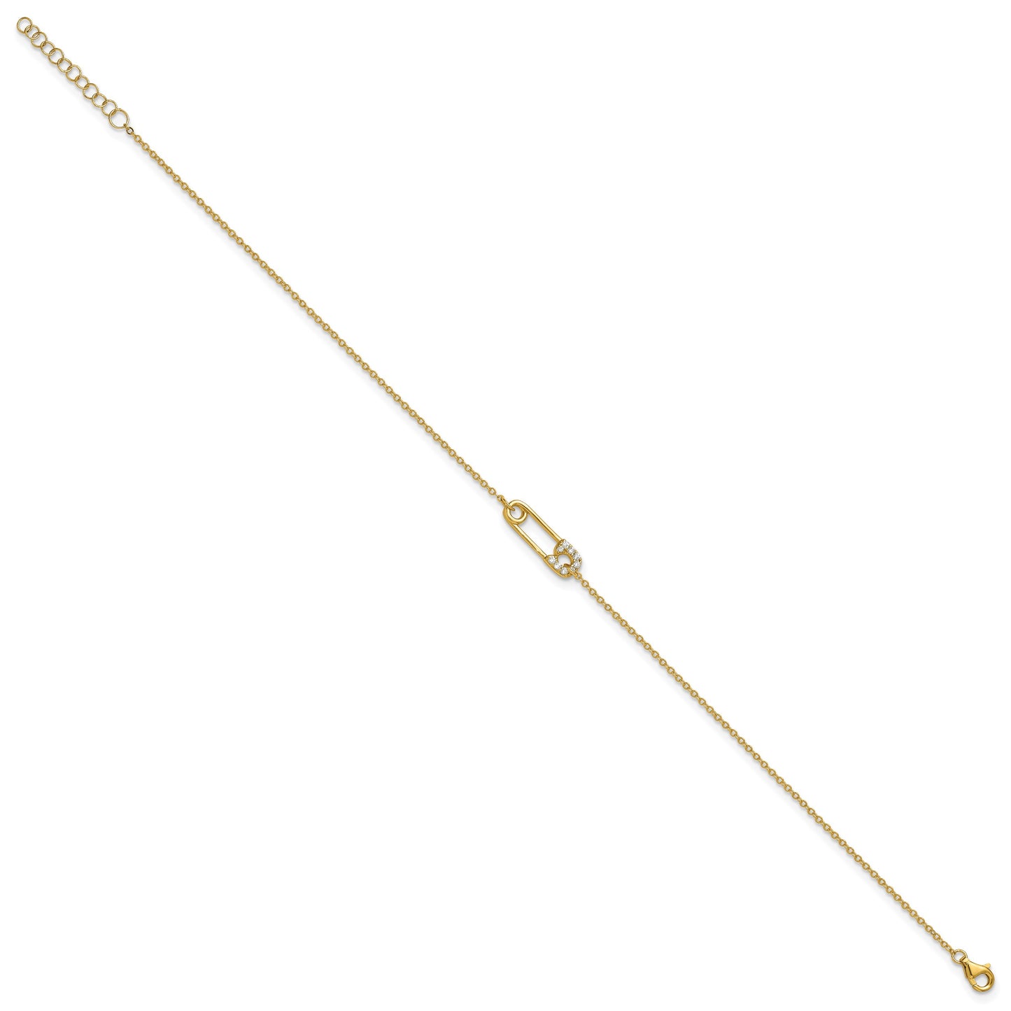Sterling Silver Gold-tone CZ Safety Pin 9 inch Plus 1 inch Extender - Total 10 inch Anklet