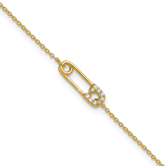 Sterling Silver Gold-tone CZ Safety Pin 9 inch Plus 1 inch Extender - Total 10 inch Anklet