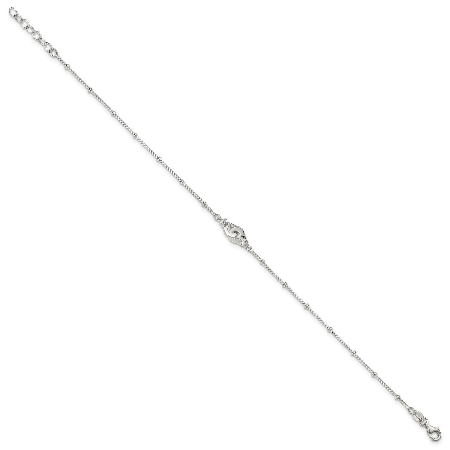 Sterling Silver Beaded CZ Interlocked Circles 9 inch Plus 1 inch Extender - Total 10 inch Anklet