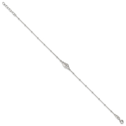 Sterling Silver Beaded CZ Interlocked Circles 9 inch Plus 1 inch Extender - Total 10 inch Anklet