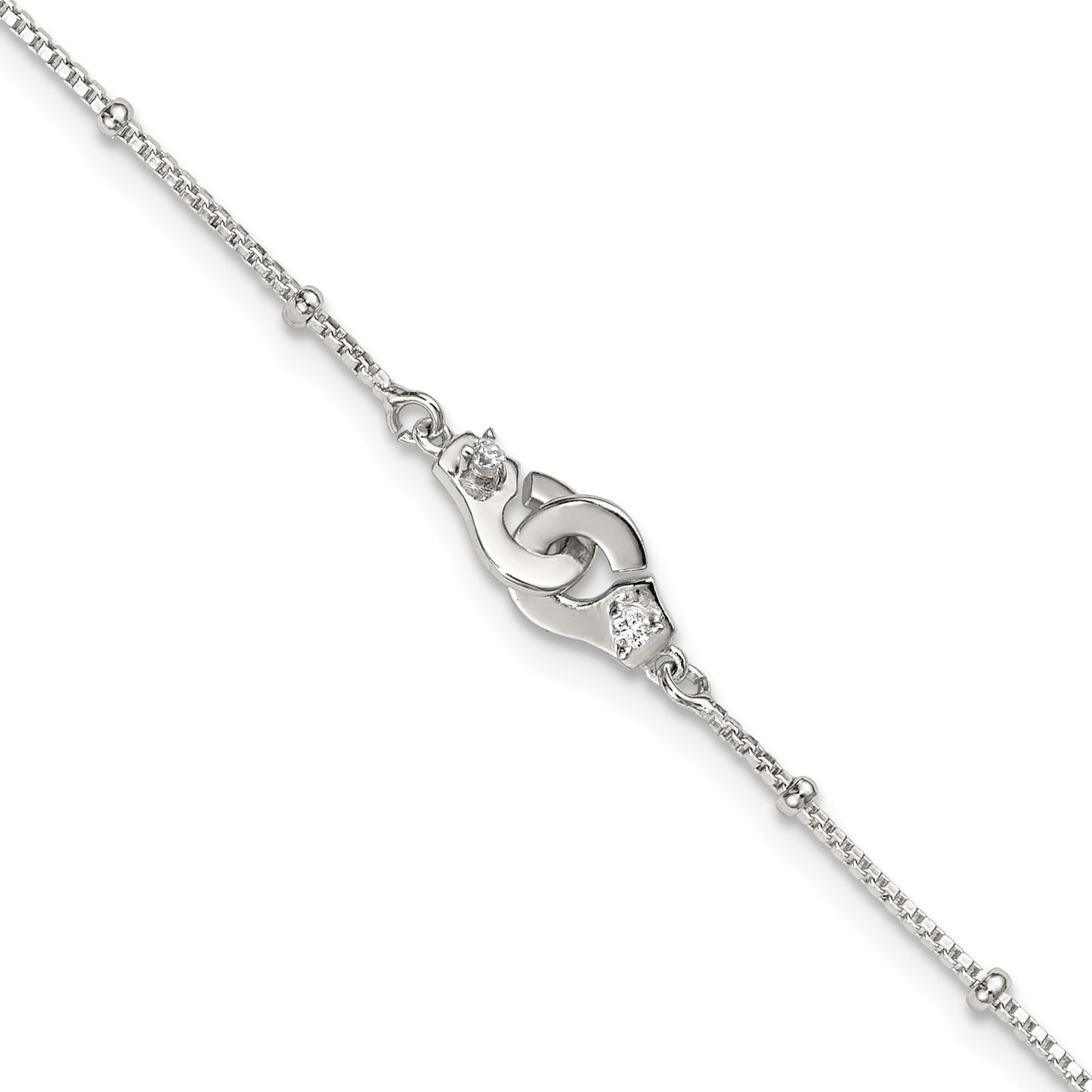Sterling Silver Beaded CZ Interlocked Circles 9 inch Plus 1 inch Extender - Total 10 inch Anklet