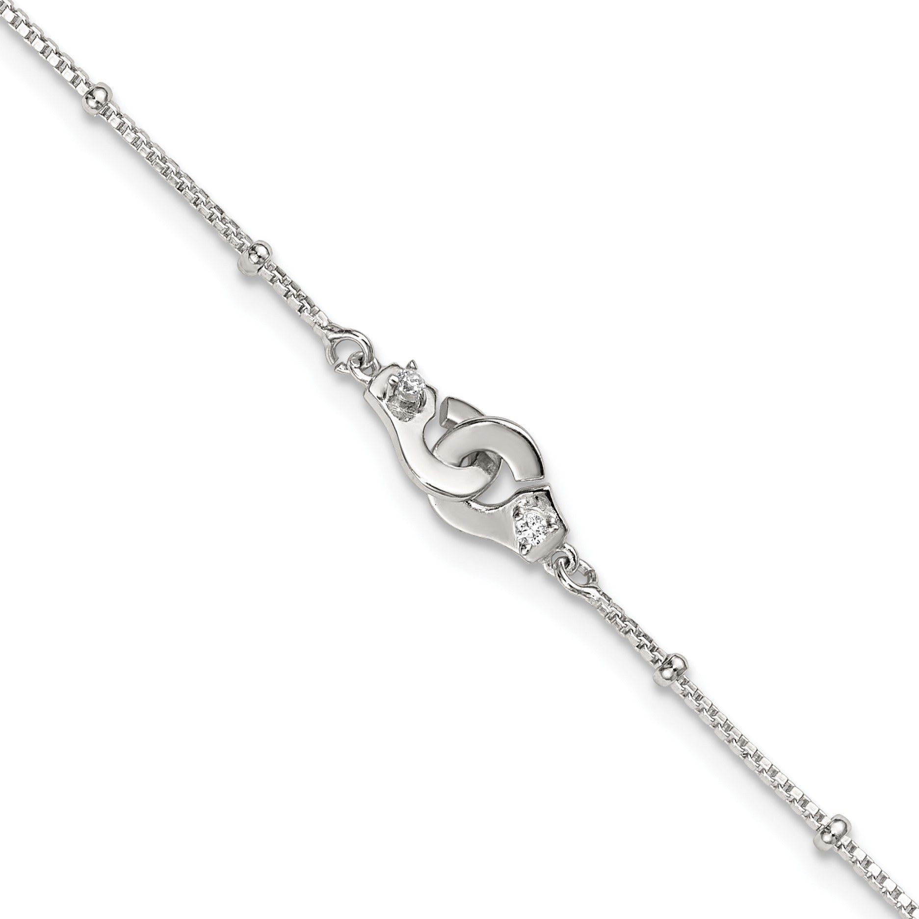 Sterling Silver Beaded CZ Interlocked Circles 9 inch Plus 1 inch Extender - Total 10 inch Anklet