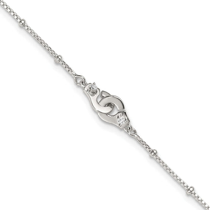Sterling Silver Beaded CZ Interlocked Circles 9 inch Plus 1 inch Extender - Total 10 inch Anklet